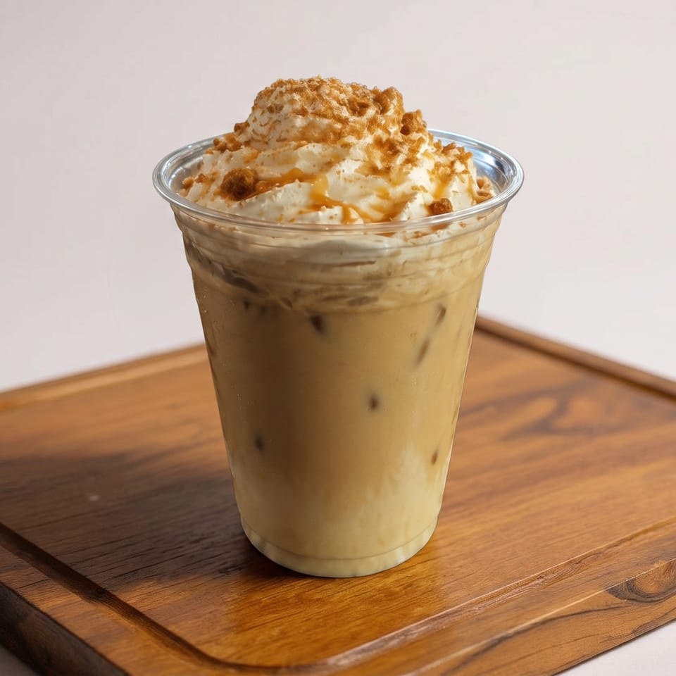 Iced coffee with whipped cream, caramel drizzle, and cookie crumbles on a wooden tray.