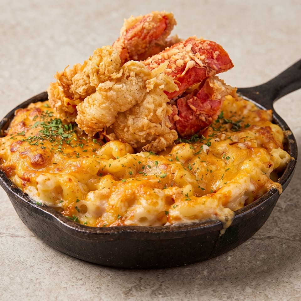 Creamy mac and cheese in a skillet, topped with crispy fried lobster tails and fresh parsley.
