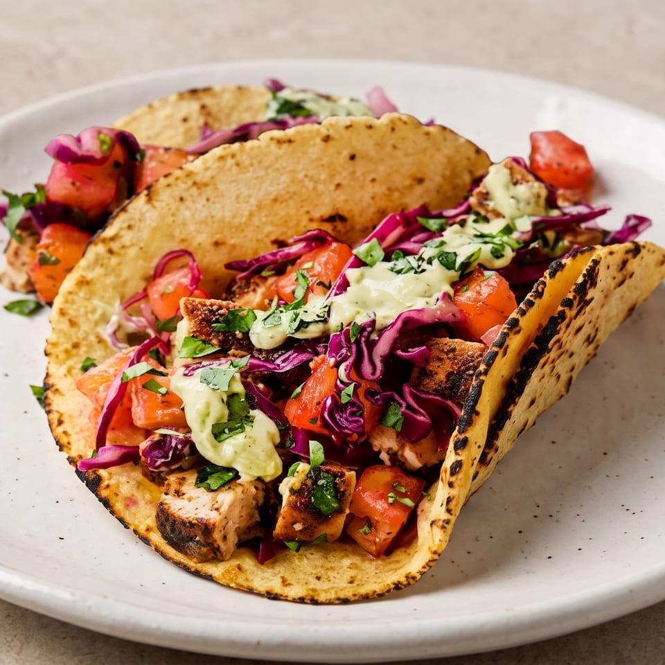 Two charred corn tortillas filled with grilled chicken, red cabbage, tomato salsa, and avocado crema.