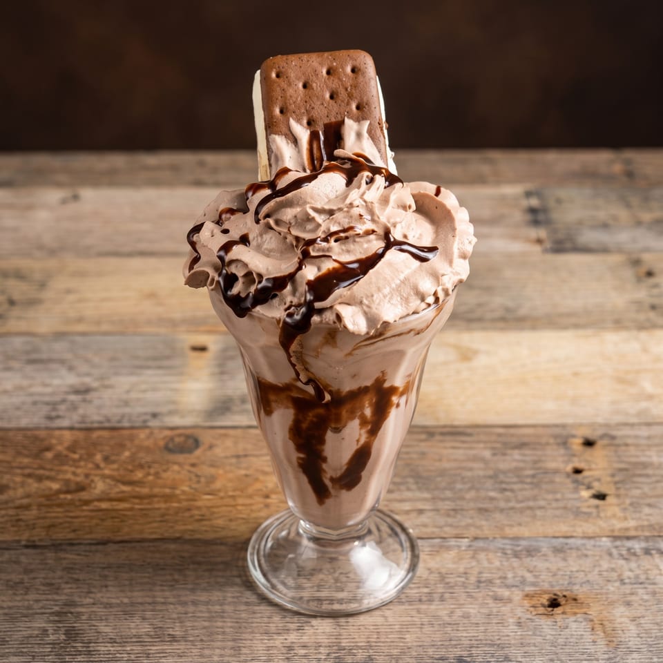 Chocolate milkshake with whipped cream, chocolate drizzle, and an ice cream sandwich on a wooden table.