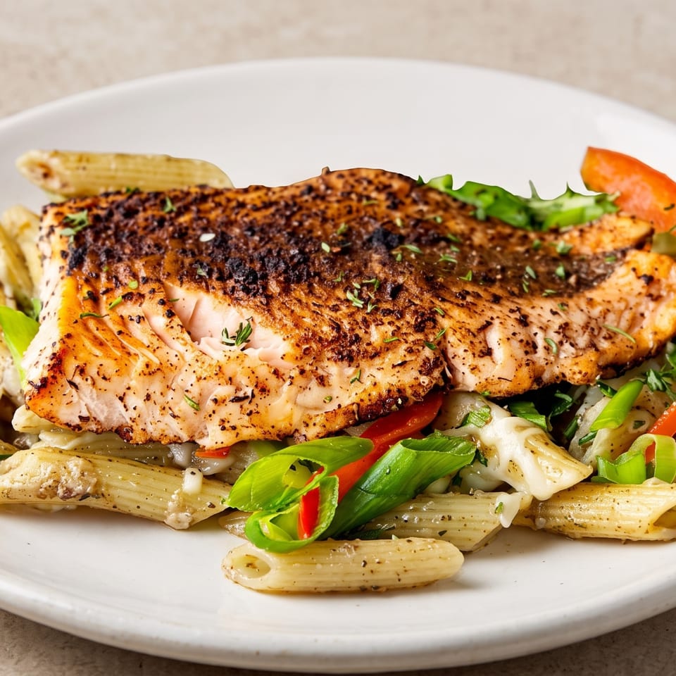 Seasoned salmon fillet served over penne pasta with fresh green onions and red bell peppers.