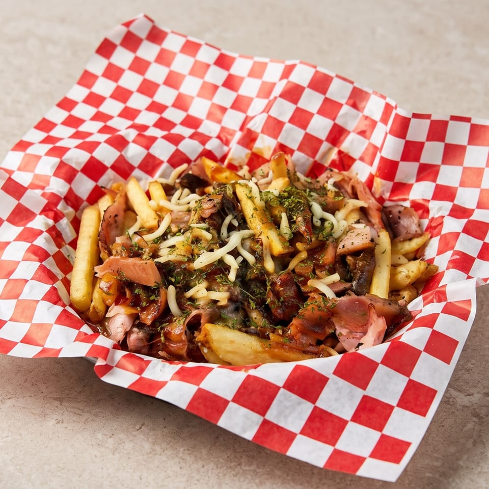 Loaded fries with meat, cheese, gravy, and herbs in a red and white checkered basket.