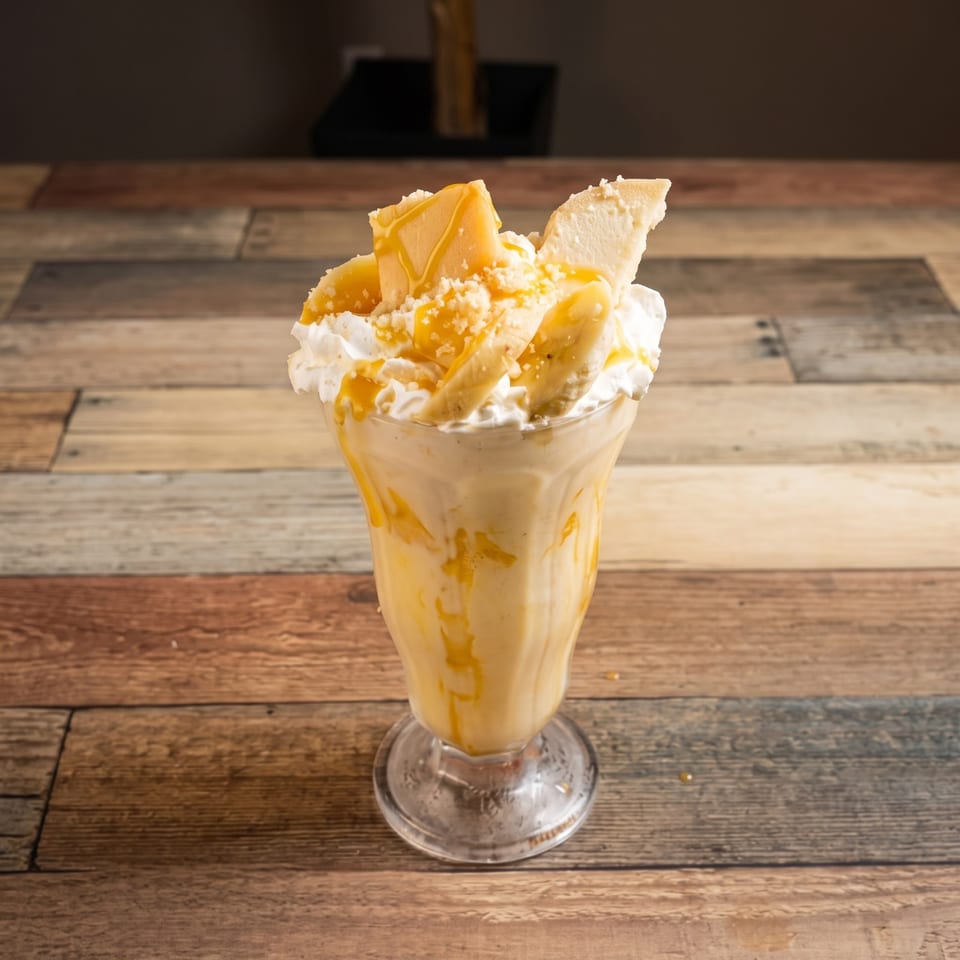 A tall glass of banana milkshake topped with whipped cream, banana slices, and caramel drizzle.
