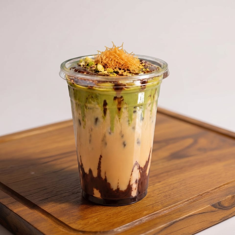 Iced latte with green matcha, chocolate drizzle, pistachios, and shredded phyllo on a wooden board.
