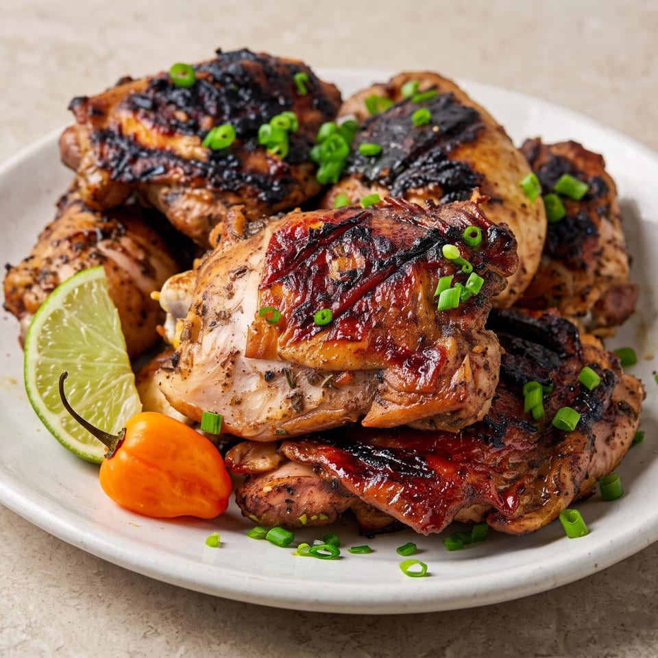 Grilled chicken pieces with green onions, a lime wedge, and a habanero pepper on a white plate.